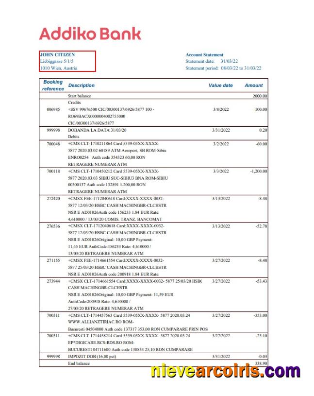 Austria Addiko Bank bank statement